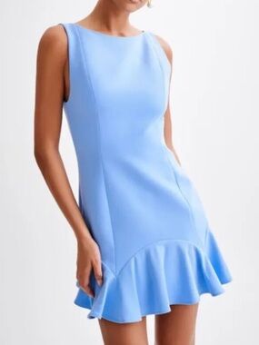 NWT Meshki LEONORA Iris Blue Sleeveless Suiting Mini Dress Ruffle Bottom large